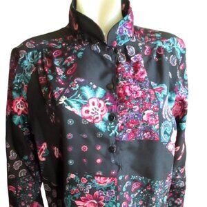 Vintage Women's Top 18 Large 1980's DonnKenny Black Polyester wild print Nylon L